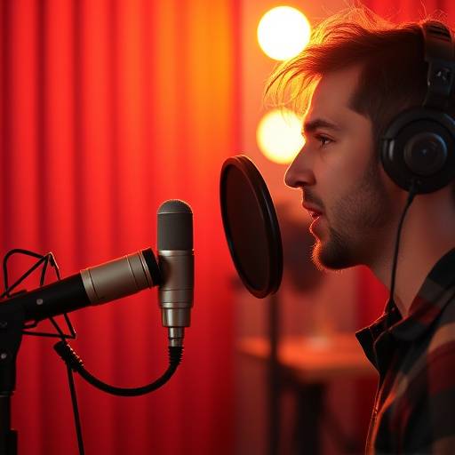 Image depicting a person recording a voiceover in a studio